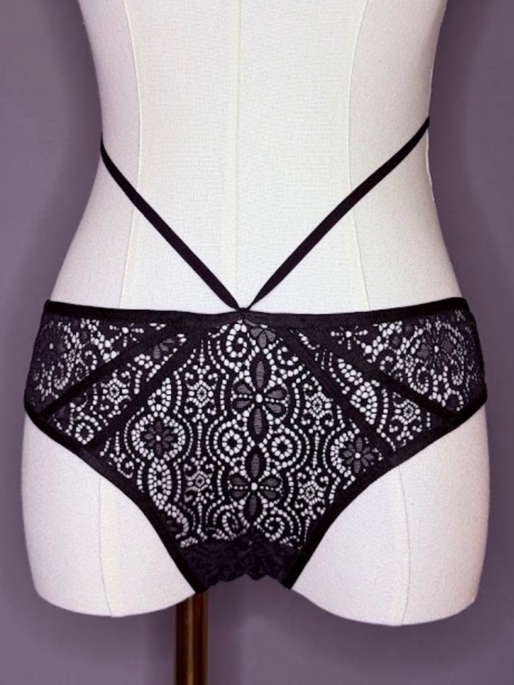 Adore Me Black Lace Open Back Panty Size M NWT Sheer Floral Lace Lingerie